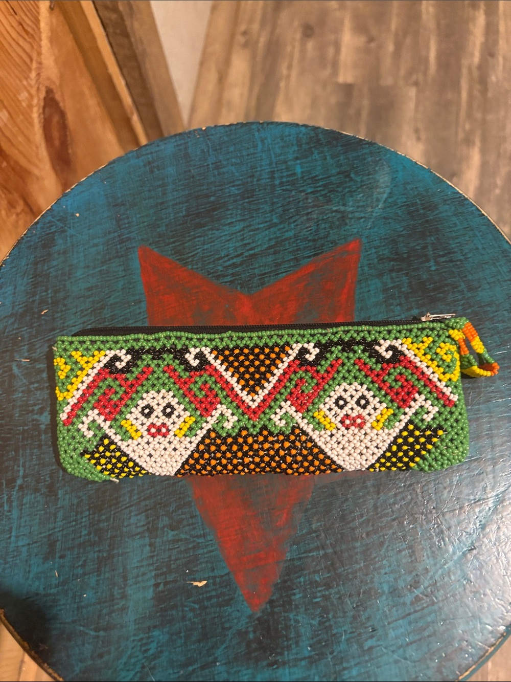 Handcrafted Green Multicolor Beaded Cosmetic Pouch - Brand Unknown